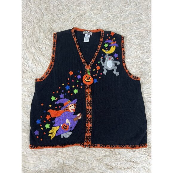 Tiara International 90s Halloween Embroidered Sweater Vest Women's Black Knit XL - Picture 1 of 10